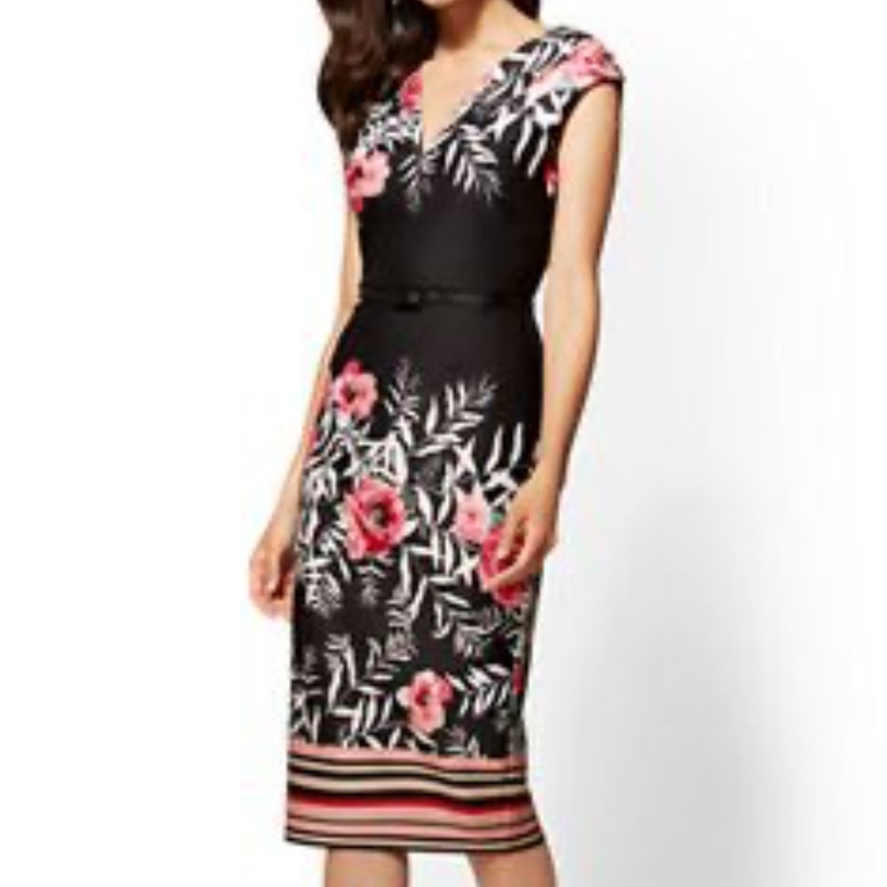NY & Co. Stretch Size L Floral Black and Pink Dress